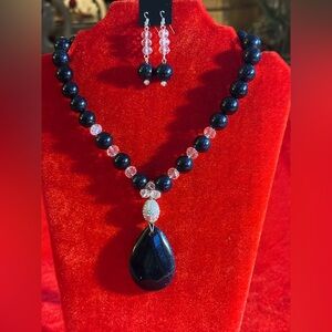 Handcrafted Gemstone Navy Blue Goldstone & Crystal Necklace set.